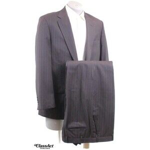 Zylos George Machado Wool Charcoal Gray Striped 2 Pc Suit 42R Flat Fronts 36" W
